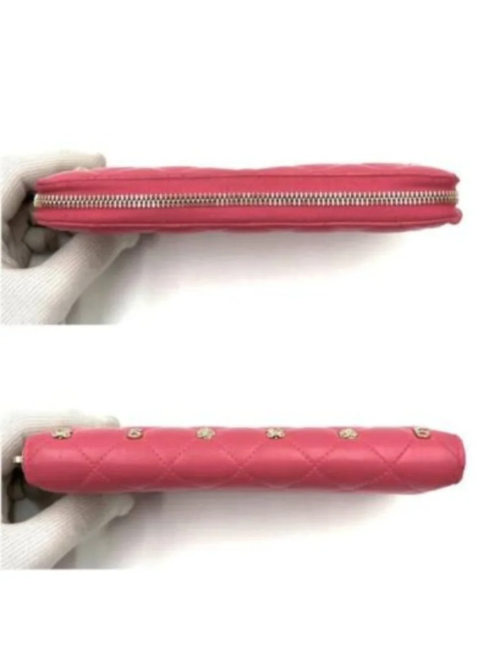 Chanel Pink Lambskin Rhinestone Quilted Long Wallet Lucky Charm Camellia